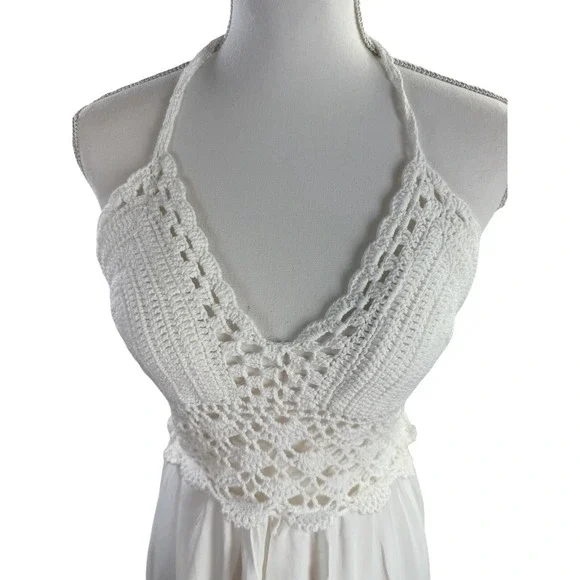 NWT Lilbetter White Maxi Halter Dress Medium Crochet Boho Festival Beach - Picture 5 of 8